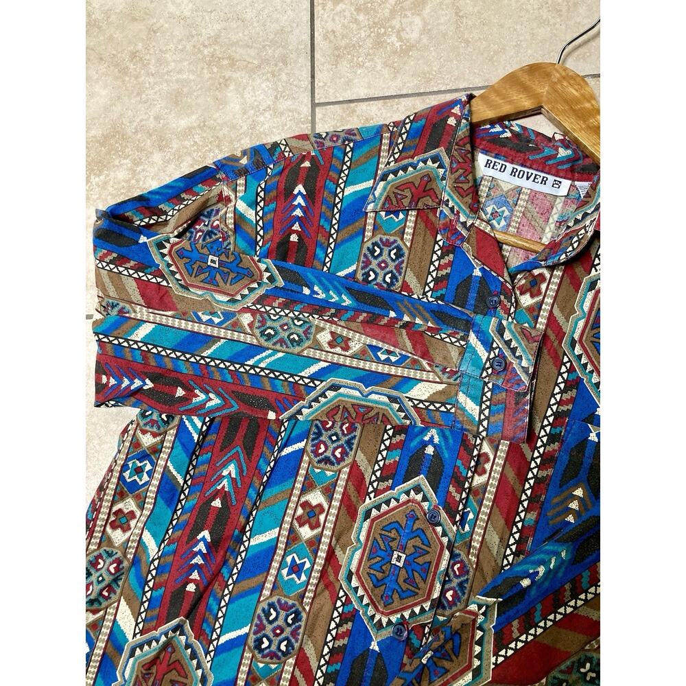 VTG Western Shirt Womens Medium Aztec Long Sleeve Rodeo Cowgirl Red Rover